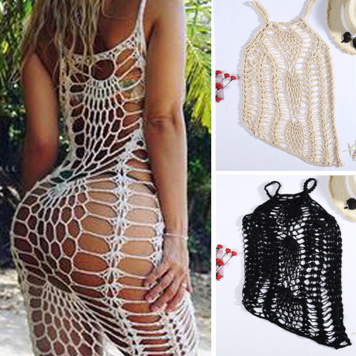 Damen Netz-Strandkleid mit ausgefallenen Lochmustern und tiefem Ausschnitt Skjora