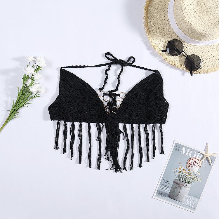 Damen Häkel-Bikini-Oberteil mit Fransen und dekorativen Ringen Skjora
