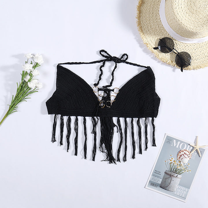 Damen Häkel-Bikini-Oberteil mit Fransen und dekorativen Ringen Skjora