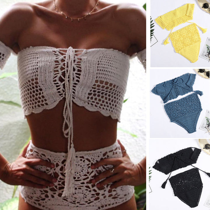 Damen Häkel-Bikini-Set mit dekorativen Fransen und trendigem Oberteil Skjora