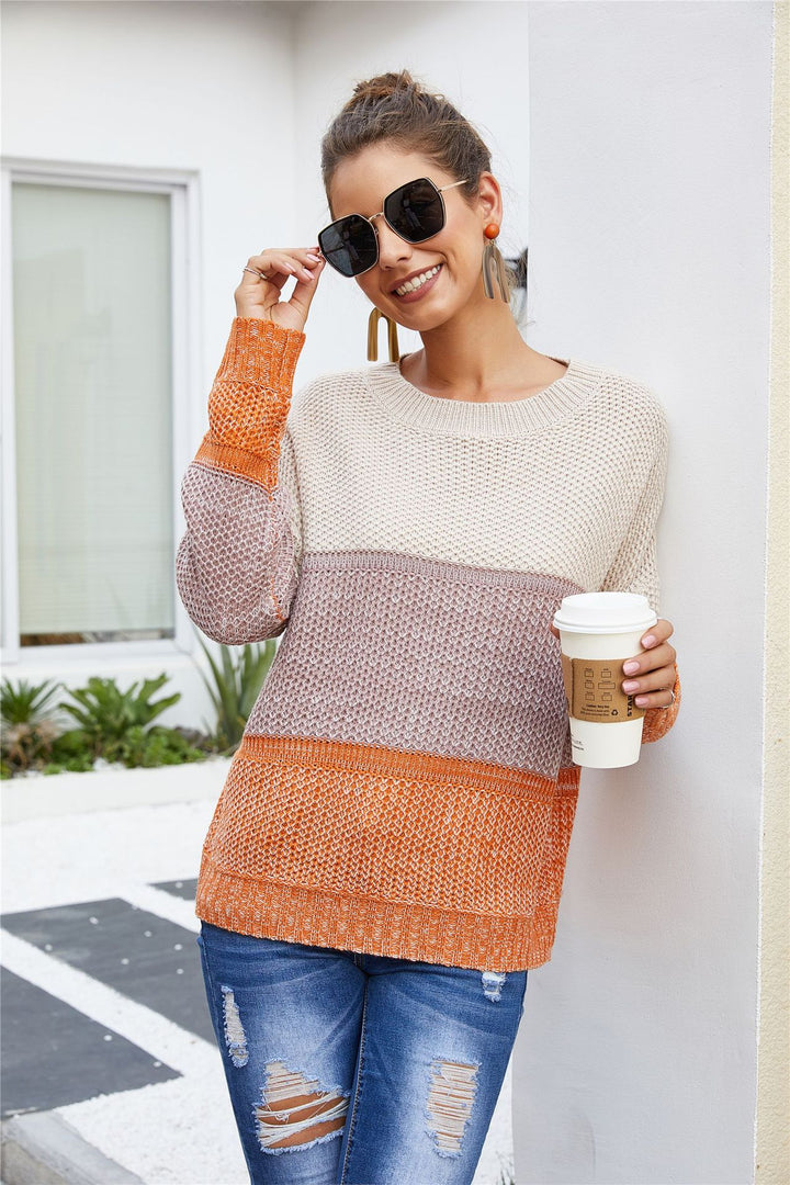 Kvinne chunky strikkegenser med trendy blokkdesign og avslappet passform Skjora