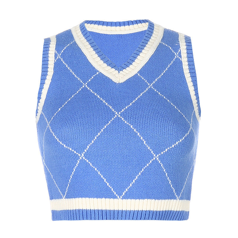 Damer strikket Crop-Top med rhombemønster og V-hals Skjora