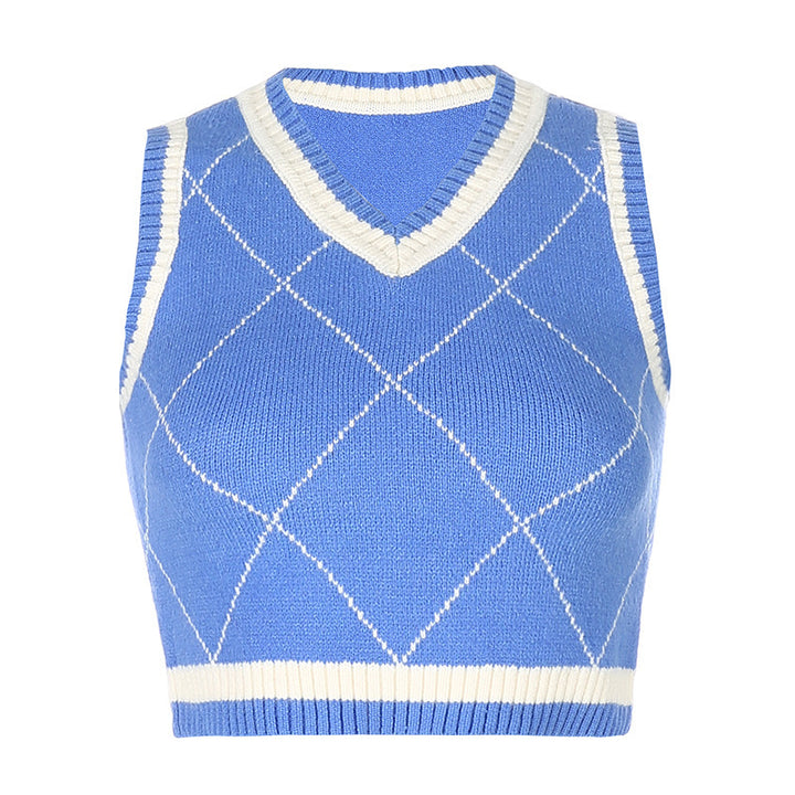 Damer strikket Crop-Top med rhombemønster og V-hals Skjora