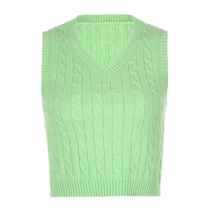 Dame Strikket Crop-top med V-hals og flette mønster Skjora