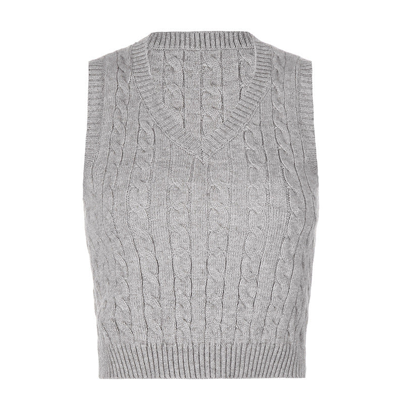 Dame Strikket Crop-top med V-hals og flette mønster Skjora