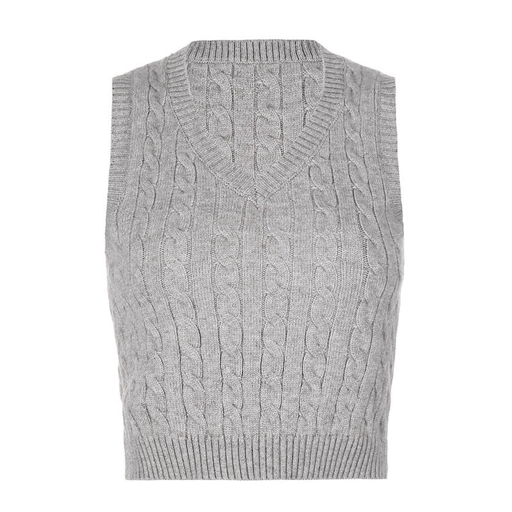 Dame Strikket Crop-top med V-hals og flette mønster Skjora