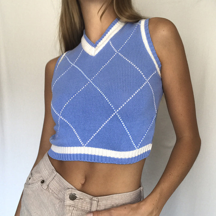 Damer strikket Crop-Top med rhombemønster og V-hals Skjora