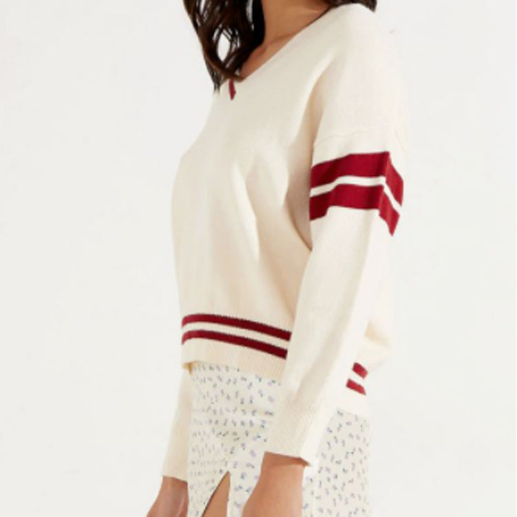 Damen sportlicher V-Ausschnitt Pullover mit Streifen Skjora