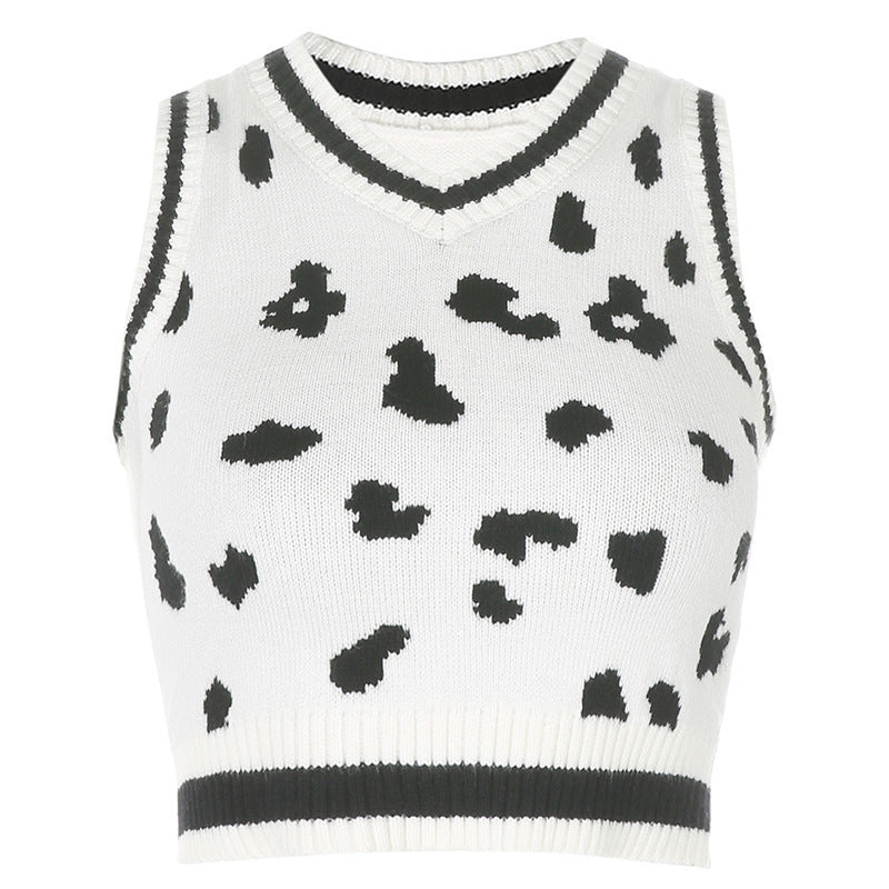 Damer søtt strikket crop-top med lekent leopardmønster Skjora