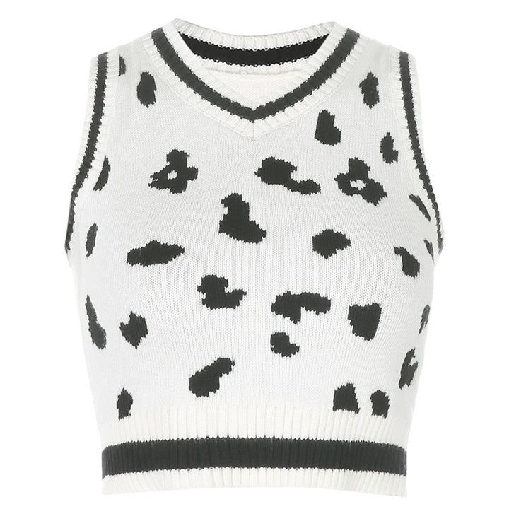 Damer søtt strikket crop-top med lekent leopardmønster Skjora