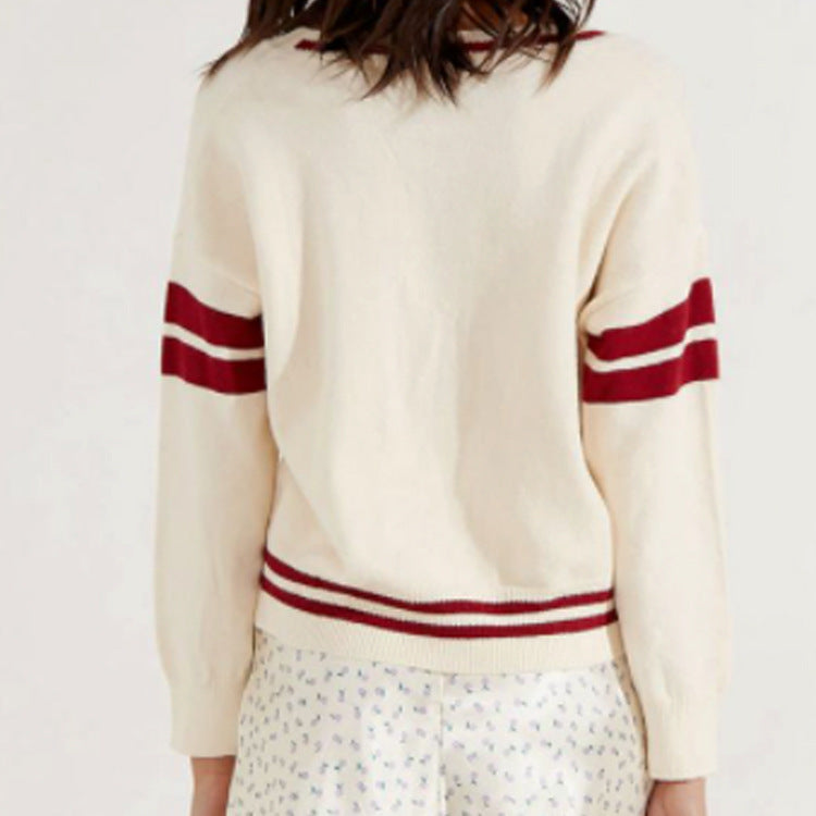Damen sportlicher V-Ausschnitt Pullover mit Streifen Skjora