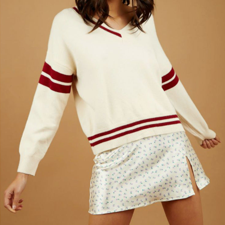 Damen sportlicher V-Ausschnitt Pullover mit Streifen Skjora