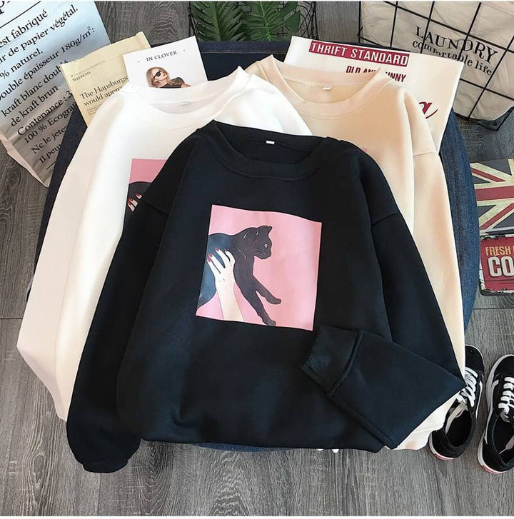 Damegen Sweatshirt med kunstnerisk kattemotiv Skjora