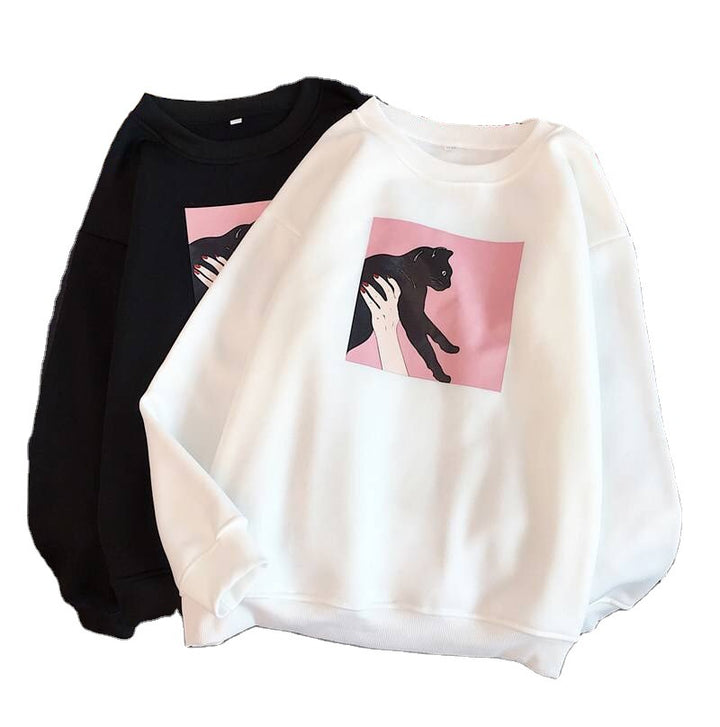 Damegen Sweatshirt med kunstnerisk kattemotiv Skjora