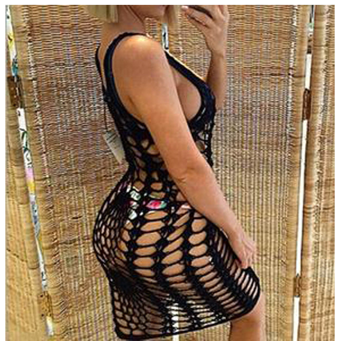 Damen Netz-Strandkleid mit ausgefallenen Lochmustern und tiefem Ausschnitt Skjora
