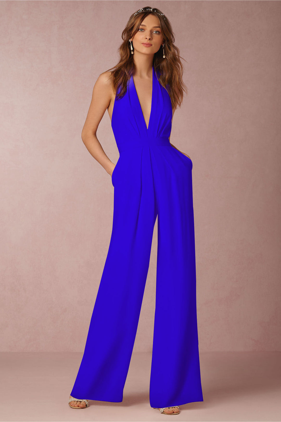 Dame elegant jumpsuit med dyp V-hals og vid bensilhuett Skjora