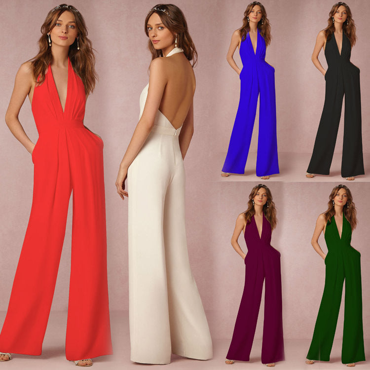 Dame elegant jumpsuit med dyp V-hals og vid bensilhuett Skjora