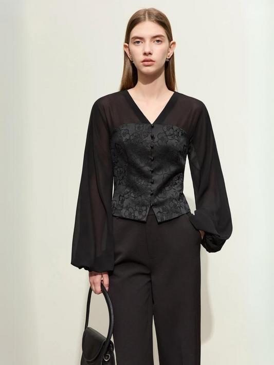 Bluse med elegante lanterneermer Svart