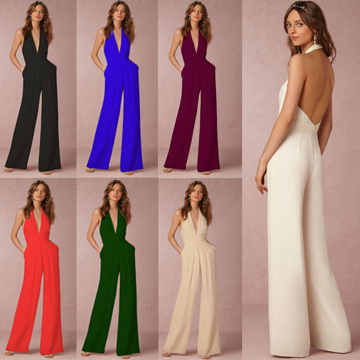 Dame elegant jumpsuit med dyp V-hals og vid bensilhuett Skjora