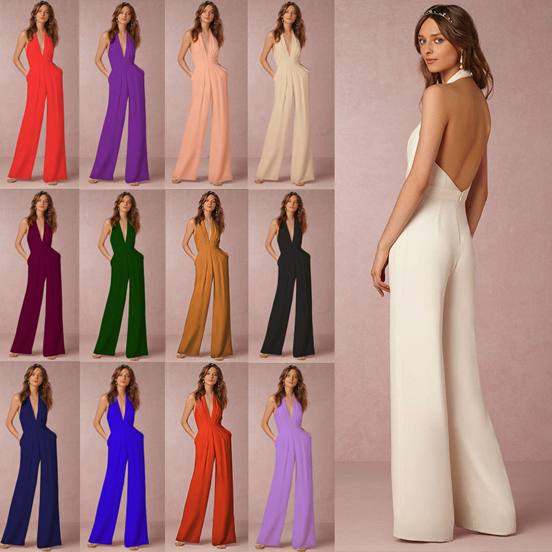 Dame elegant jumpsuit med dyp V-hals og vid bensilhuett Skjora