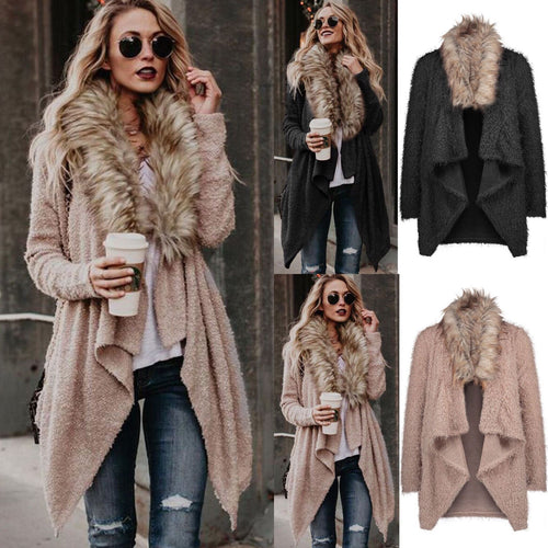 Kvinnes fluffy strikket cardigan med avtakbar faux fur krage Skjora