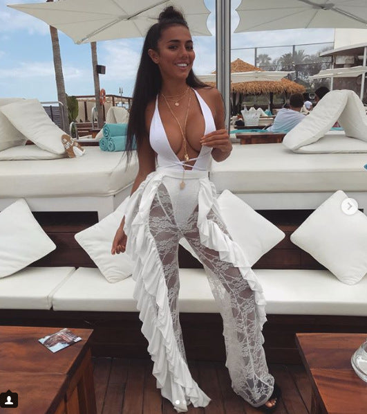 Damen Elegante weite Spitzenhose mit Rüschendetails und hohem Bund Skjora