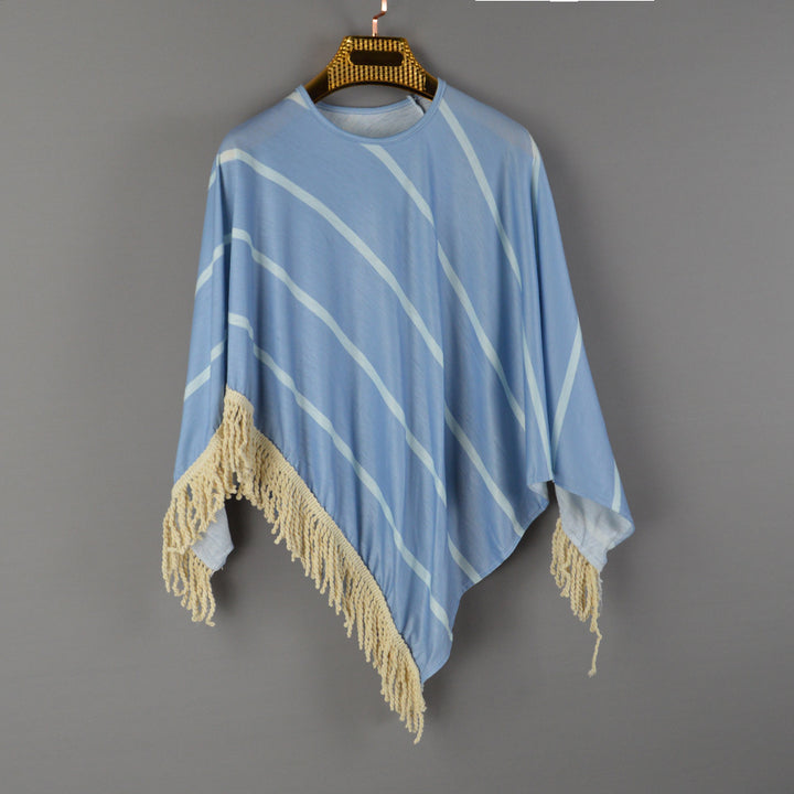 Dame strand poncho med frynset kant og stripet design