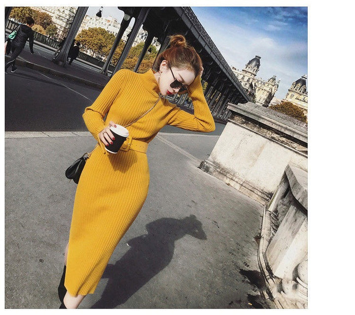 Kvinnesk knitted dress med belte og høy krage Skjora