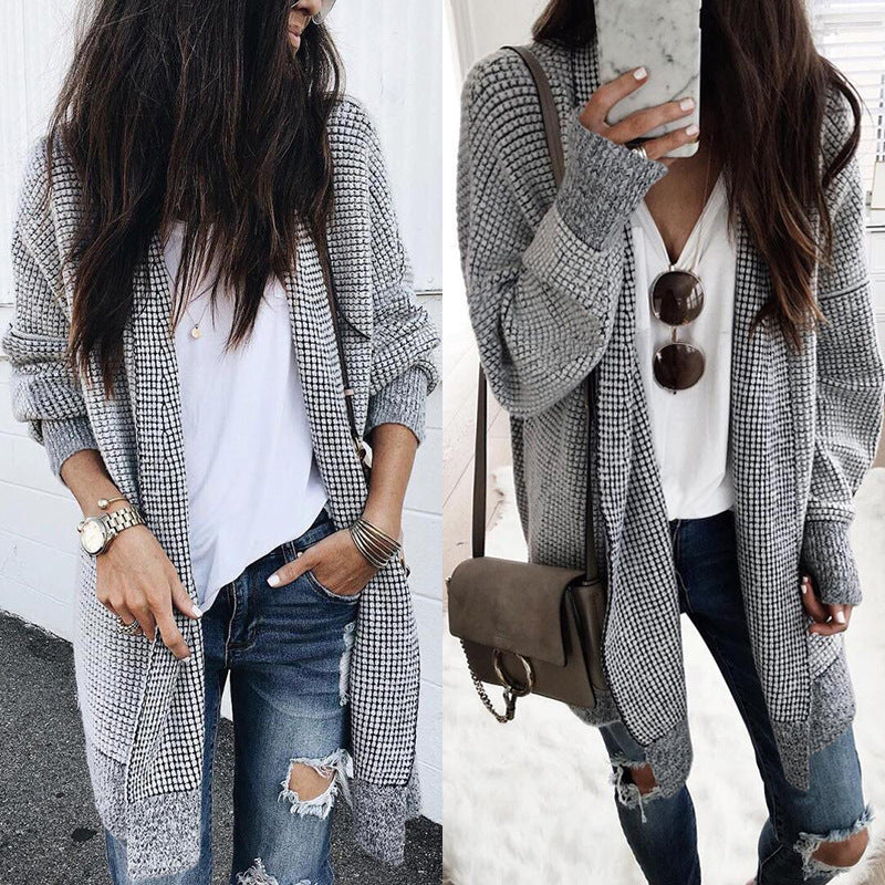 Kvinnens cardigan i rutete design med åpen front og elegante detaljer Skjora