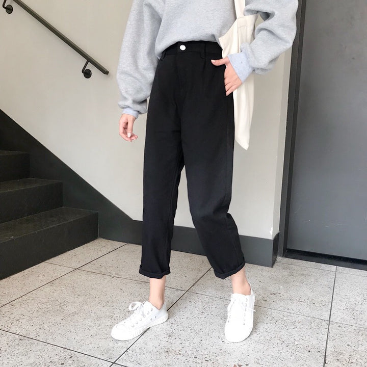 Kvinne Casual Loose Fit Bukser med Oppbrett Hem Skjora