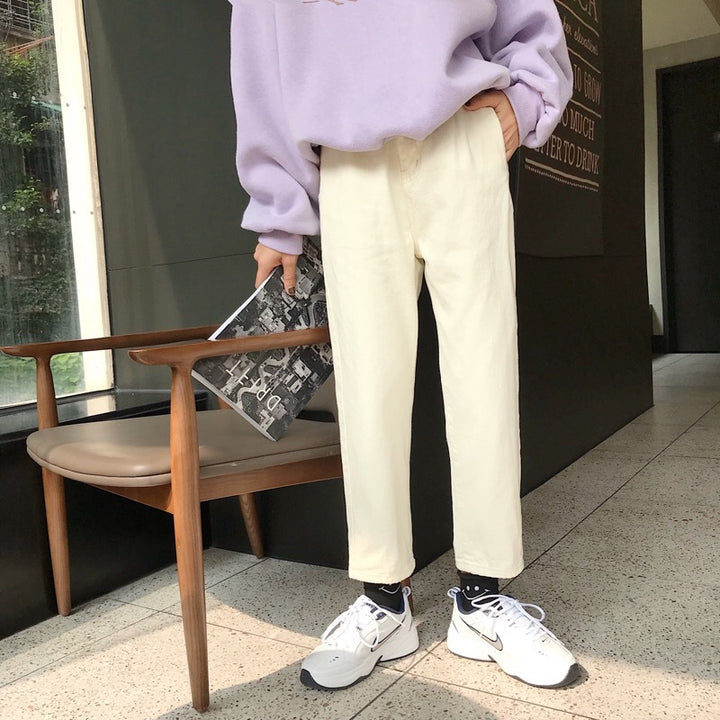 Kvinne Casual Loose Fit Bukser med Oppbrett Hem Skjora
