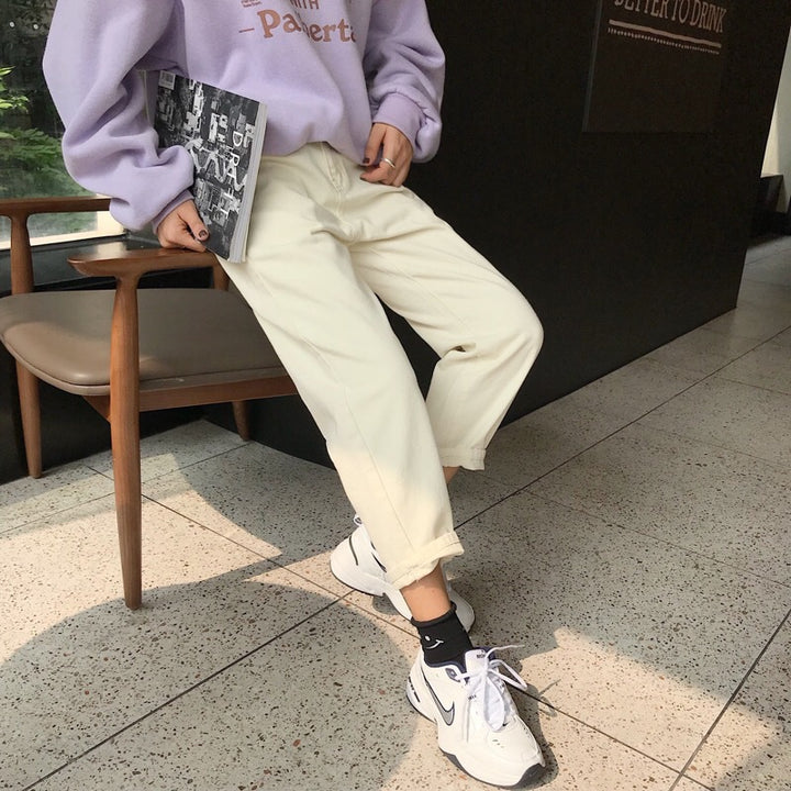 Kvinne Casual Loose Fit Bukser med Oppbrett Hem Skjora