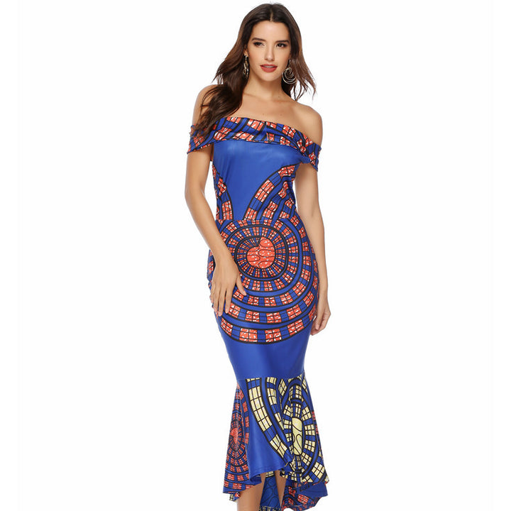 Kvinnes Off-Shoulder Maxi Kjole med Unikt Mønster og Asymmetrisk Hem