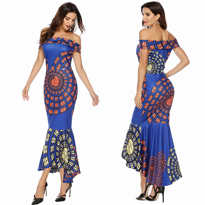 Kvinnes Off-Shoulder Maxi Kjole med Unikt Mønster og Asymmetrisk Hem