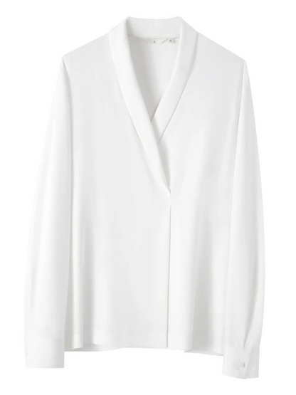 Close-up of neckline and collar on white blouse