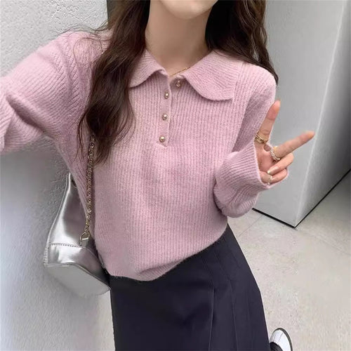 Kvinnesweater med strukturert polo krage og knappedetaljer Skjora