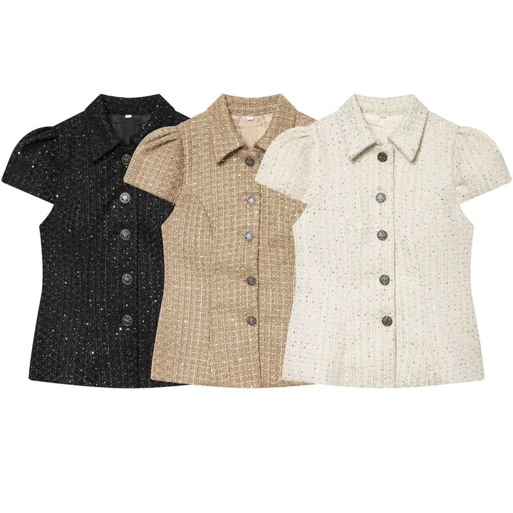 Dame elegant bluse med strukturert stoff og dekorative knapper Skjora
