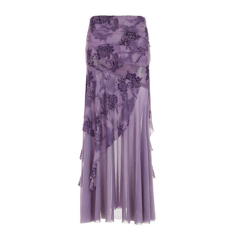 Dame elegant asymmetrisk maxiskjørt med florale utsmykninger Skjora