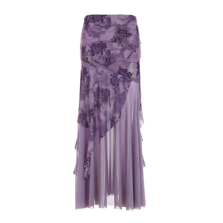 Dame elegant asymmetrisk maxiskjørt med florale utsmykninger Skjora