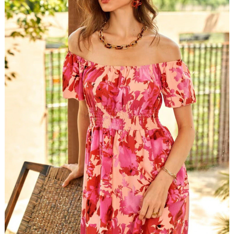 Dame Off-Shoulder Midi Kjole i floral design med elastisk overdel og voluminøs nederdel Skjora