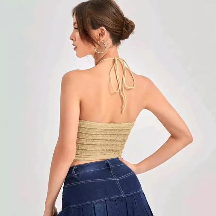 Dame Crop-Top med volangdesign og delikate stropper Skjora