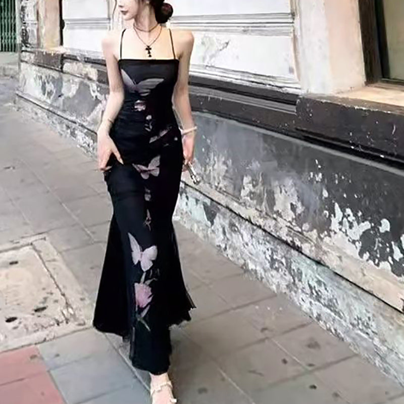 Dames elegant innhyse kjole med blomstret sommerfugl trykk og justerbare spagetti stropper