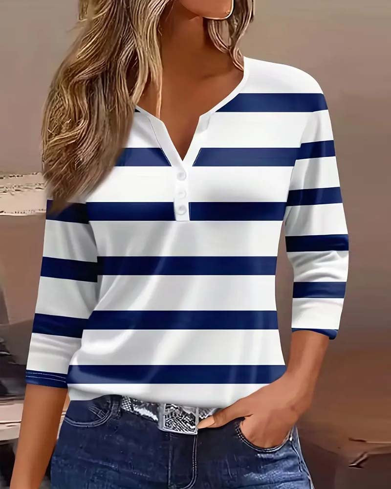 Dame langermet skjorte med marineblå striper Skjora