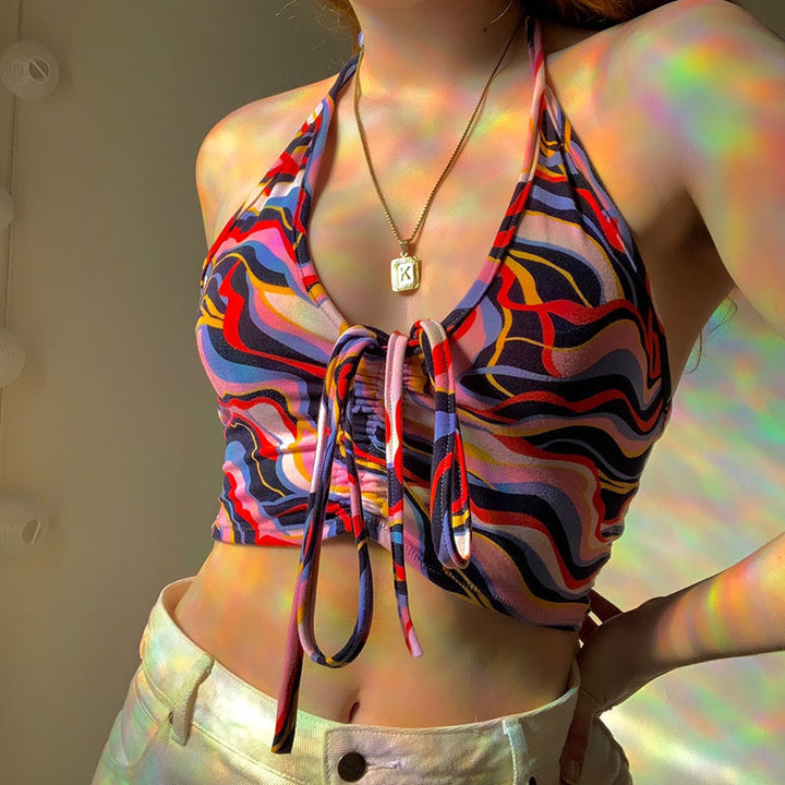 Dame Crop-Bikini-Oberteil mit Kordelzug und fargerikt design Skjora
