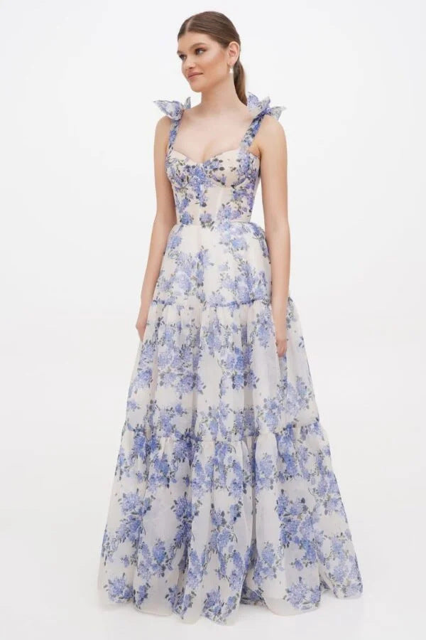 Damer Elegant Maxi Kjole med Blomsterdetaljer og Rynkede Stropper Skjora