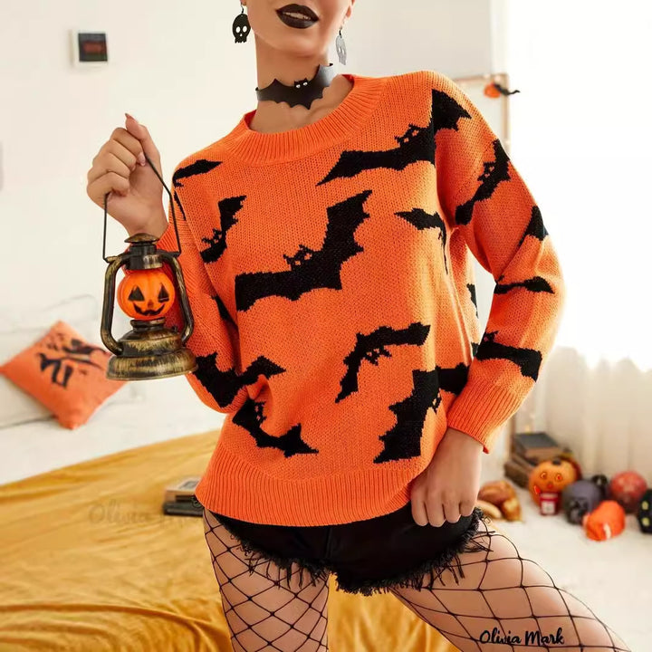 Dame Halloween genser med morsomt flaggermusmønster Skjora