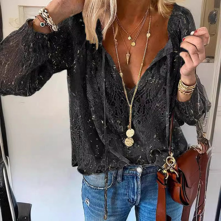 Dame elegant bluse med fin spiss og dyp V-hals Skjora