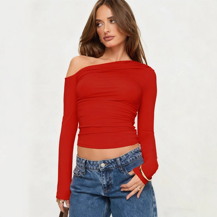 Dame Off-Shoulder Rynkeskjorte med lange ermer og elegant design Skjora