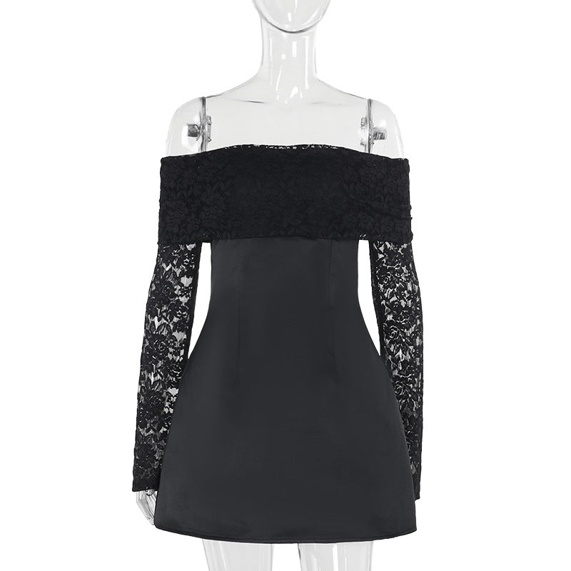 Dame elegant off-shoulder minikjole med spissærmer og svingende skjørt Skjora