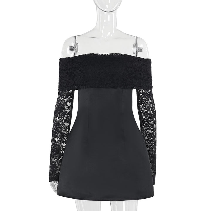 Dame elegant off-shoulder minikjole med spissærmer og svingende skjørt Skjora